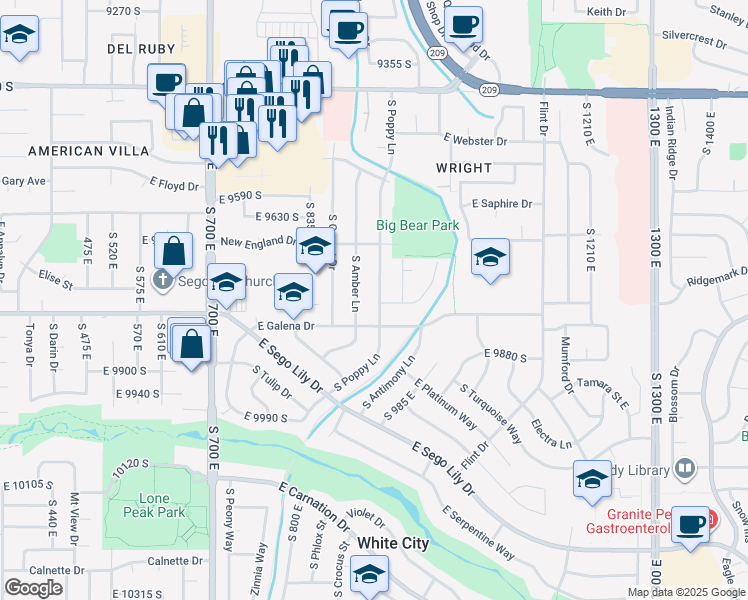 map of restaurants, bars, coffee shops, grocery stores, and more near 9782 South Poppy Lane in Sandy