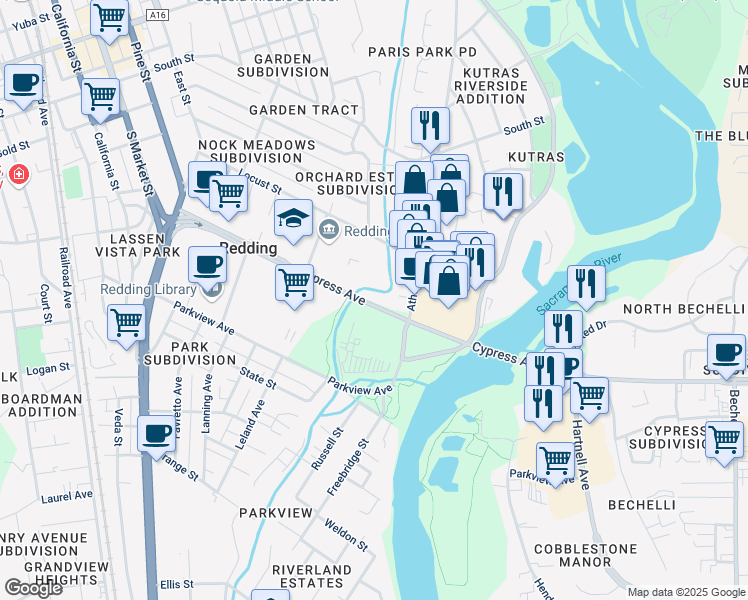 map of restaurants, bars, coffee shops, grocery stores, and more near 550 E Cypress Ave in Redding