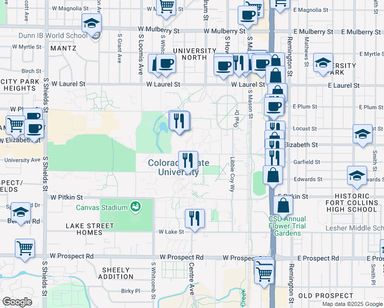 map of restaurants, bars, coffee shops, grocery stores, and more near 501 University Avenue in Fort Collins