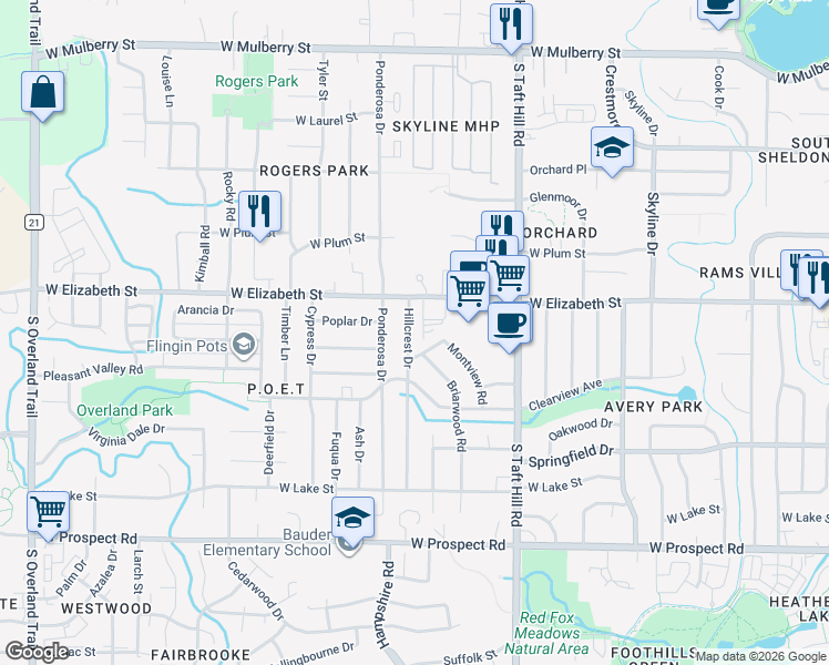 map of restaurants, bars, coffee shops, grocery stores, and more near 2218 Montview Road in Fort Collins