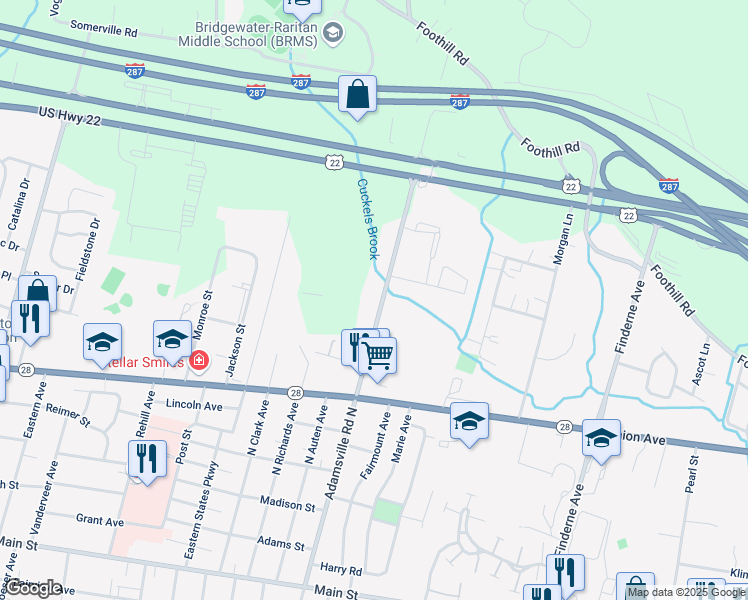 map of restaurants, bars, coffee shops, grocery stores, and more near 185 Adamsville Road North in Bridgewater