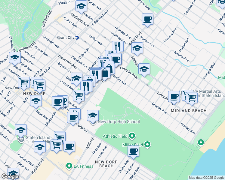 map of restaurants, bars, coffee shops, grocery stores, and more near 324 Boundary Avenue in Staten Island