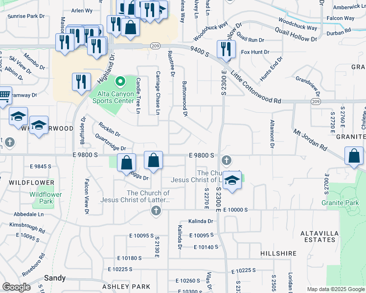 map of restaurants, bars, coffee shops, grocery stores, and more near 2208 Aspenwood Way in Sandy