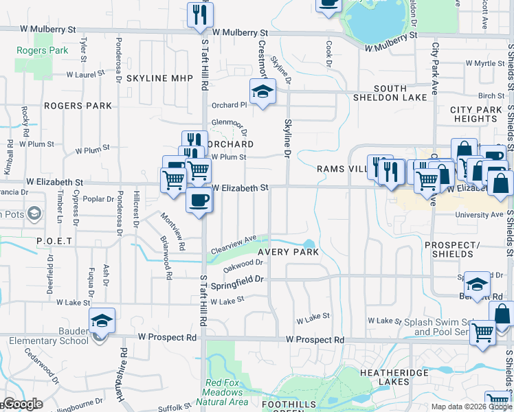 map of restaurants, bars, coffee shops, grocery stores, and more near 1020 Glenmoor Drive in Fort Collins
