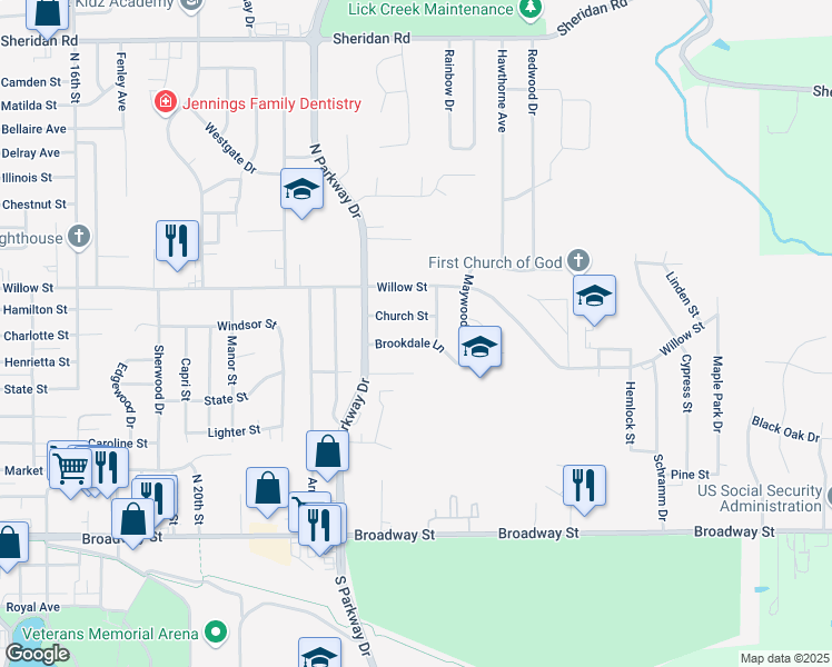 map of restaurants, bars, coffee shops, grocery stores, and more near 2205-2299 Brookdale Lane in Pekin