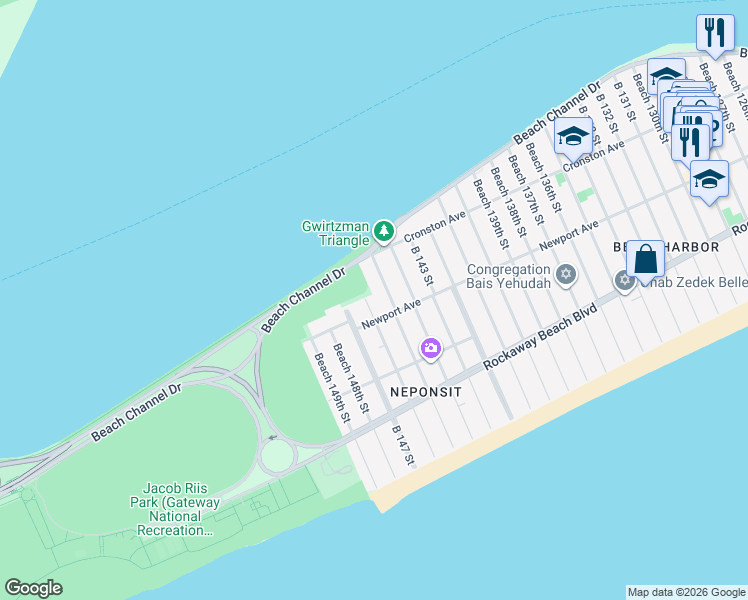 map of restaurants, bars, coffee shops, grocery stores, and more near 145-16 Newport Avenue in Queens