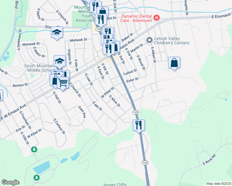 map of restaurants, bars, coffee shops, grocery stores, and more near 2472 South 5th Street in Allentown