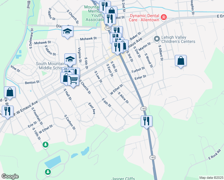 map of restaurants, bars, coffee shops, grocery stores, and more near 2444 South Law Street in Allentown