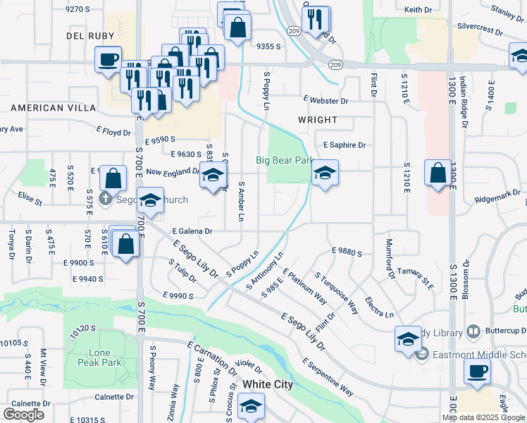 map of restaurants, bars, coffee shops, grocery stores, and more near 960 Silica Drive in Sandy