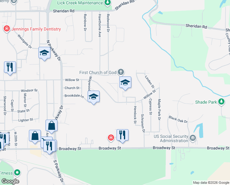 map of restaurants, bars, coffee shops, grocery stores, and more near 2425 Willow Street in Pekin