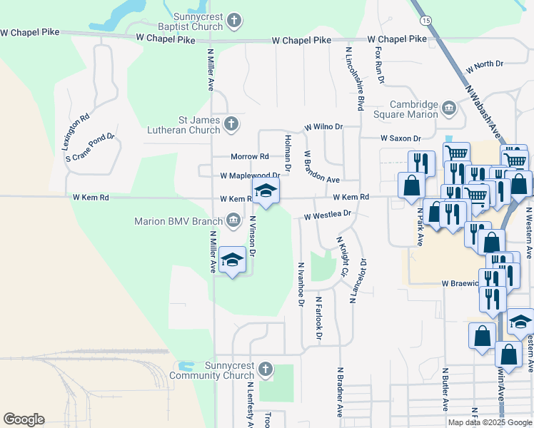 map of restaurants, bars, coffee shops, grocery stores, and more near 2009 West Kem Road in Marion