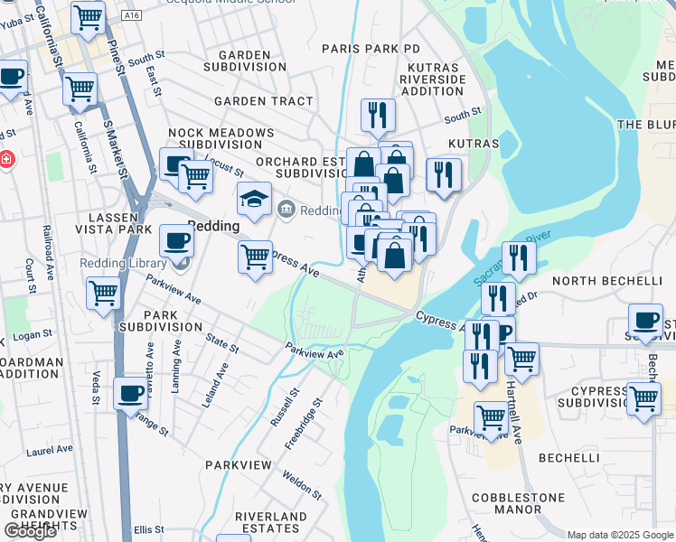 map of restaurants, bars, coffee shops, grocery stores, and more near 550 East Cypress Avenue in Redding