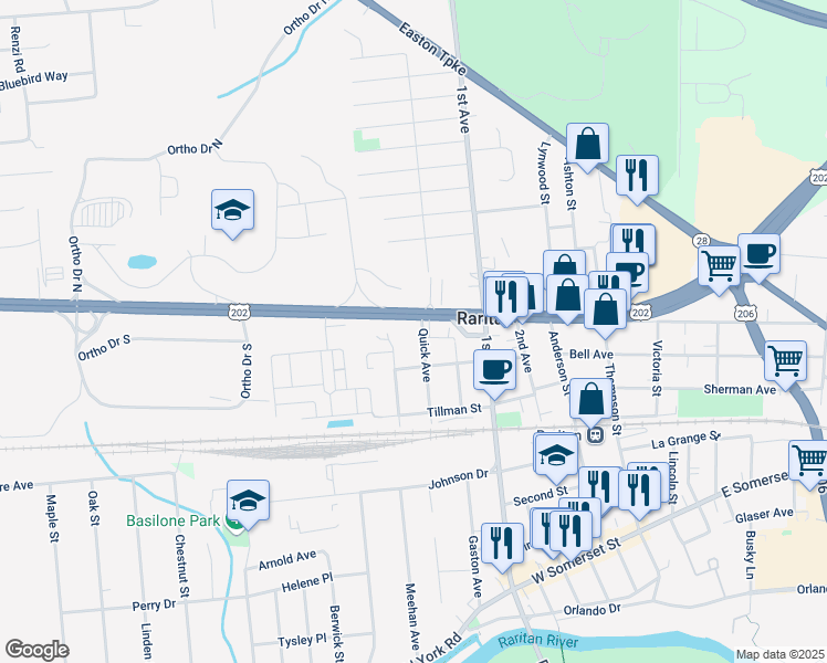 map of restaurants, bars, coffee shops, grocery stores, and more near 901 U.S. 202 in Raritan