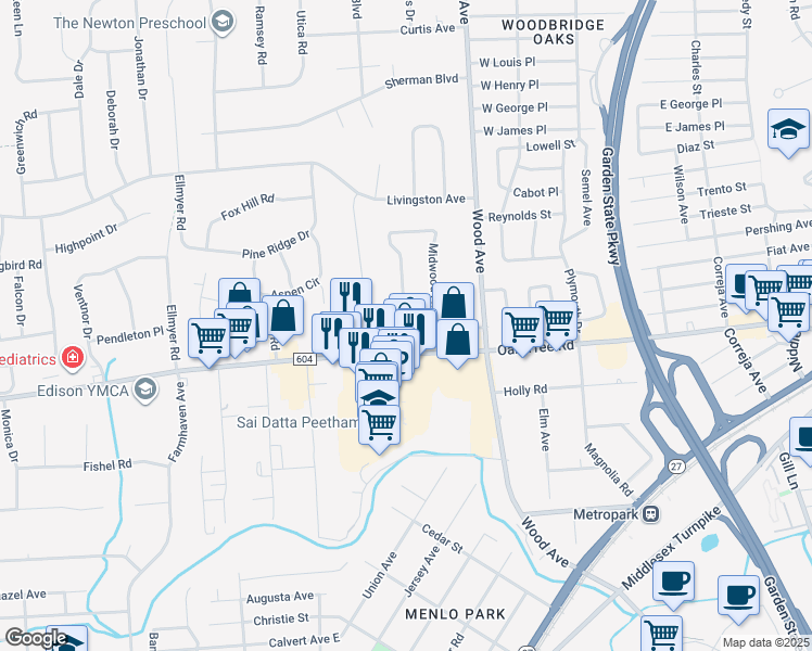 map of restaurants, bars, coffee shops, grocery stores, and more near 13 Henry Street in Edison