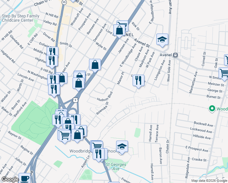 map of restaurants, bars, coffee shops, grocery stores, and more near 428 Hudson Boulevard in Woodbridge Township