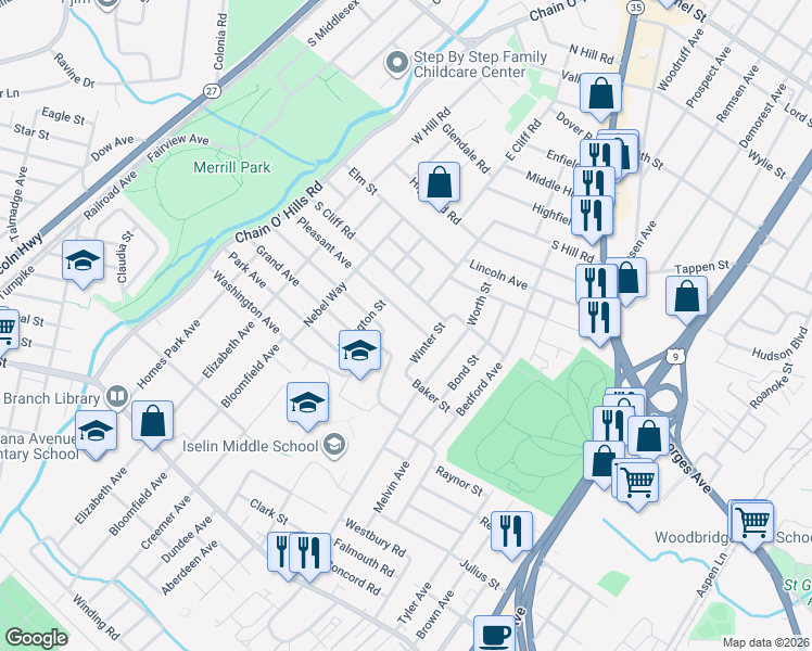 map of restaurants, bars, coffee shops, grocery stores, and more near 137 Pleasant Avenue in Woodbridge Township