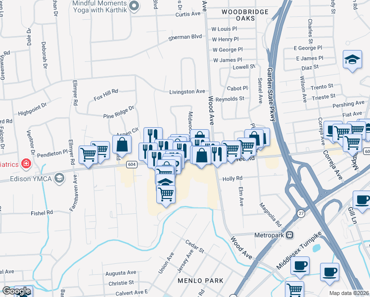 map of restaurants, bars, coffee shops, grocery stores, and more near 8 Charles Street in Edison