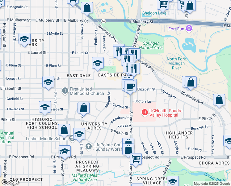 map of restaurants, bars, coffee shops, grocery stores, and more near 1021 Robertson Street in Fort Collins