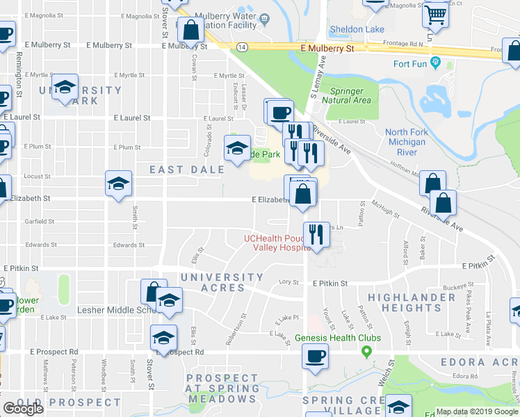 map of restaurants, bars, coffee shops, grocery stores, and more near 1021 Robertson Street in Fort Collins