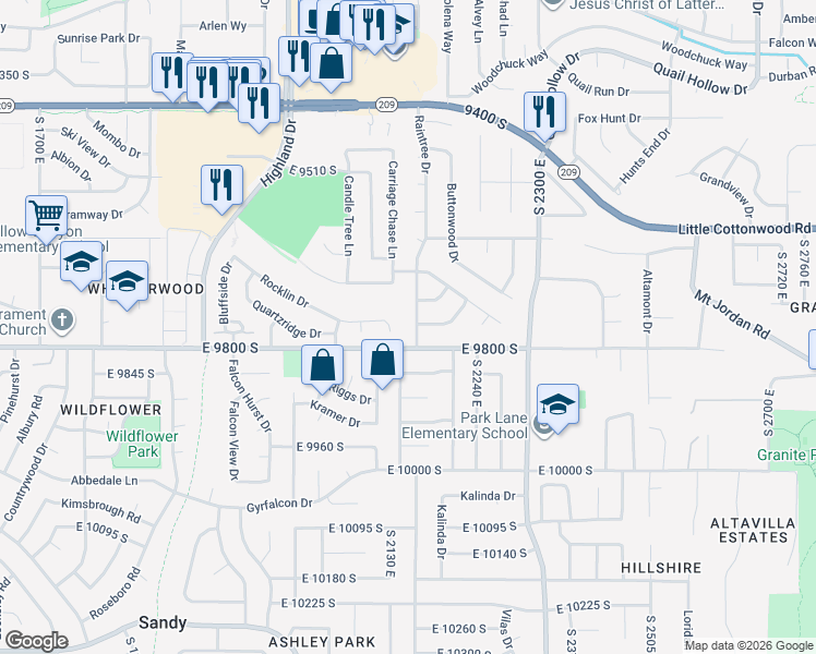 map of restaurants, bars, coffee shops, grocery stores, and more near 9771 Inspiration Circle in Sandy