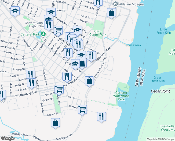 map of restaurants, bars, coffee shops, grocery stores, and more near 704 Abbi Road in Carteret