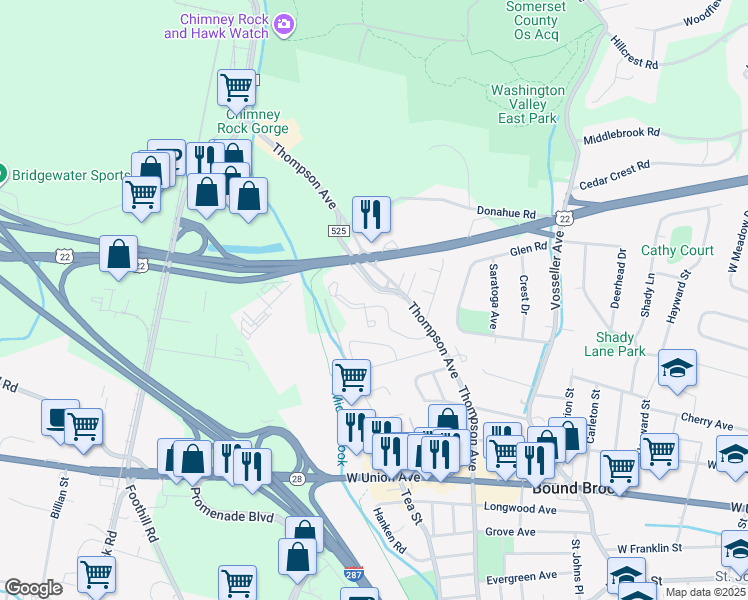 map of restaurants, bars, coffee shops, grocery stores, and more near 219 Stratford Place in Bound Brook