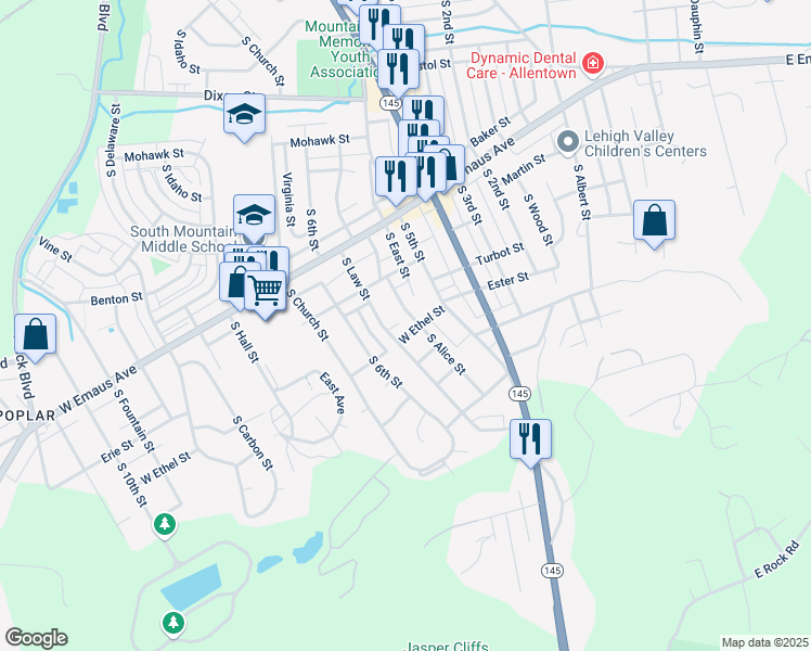 map of restaurants, bars, coffee shops, grocery stores, and more near 2444 South Law Street in Allentown