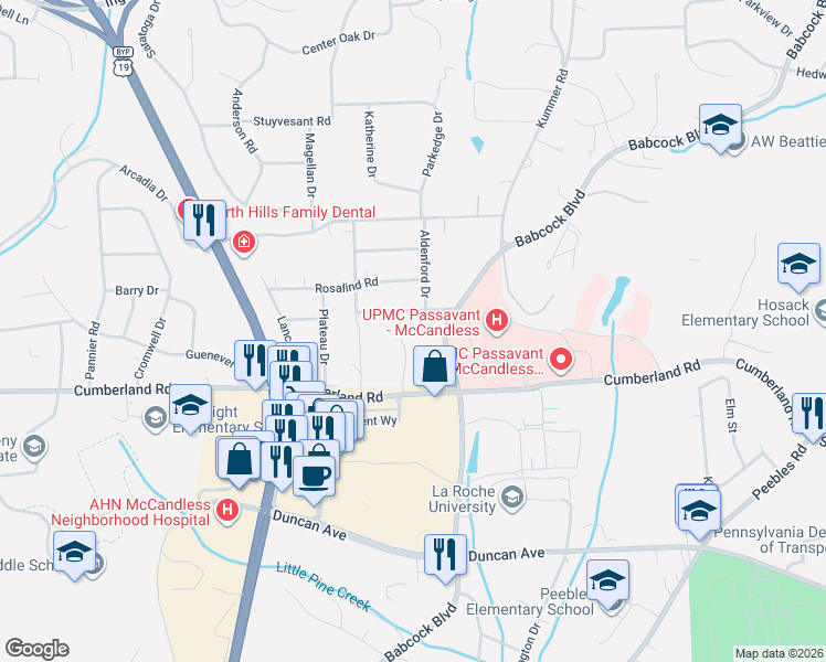 map of restaurants, bars, coffee shops, grocery stores, and more near 9173 Babcock Boulevard in McCandless