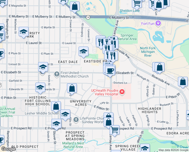 map of restaurants, bars, coffee shops, grocery stores, and more near 1021 Robertson Street in Fort Collins