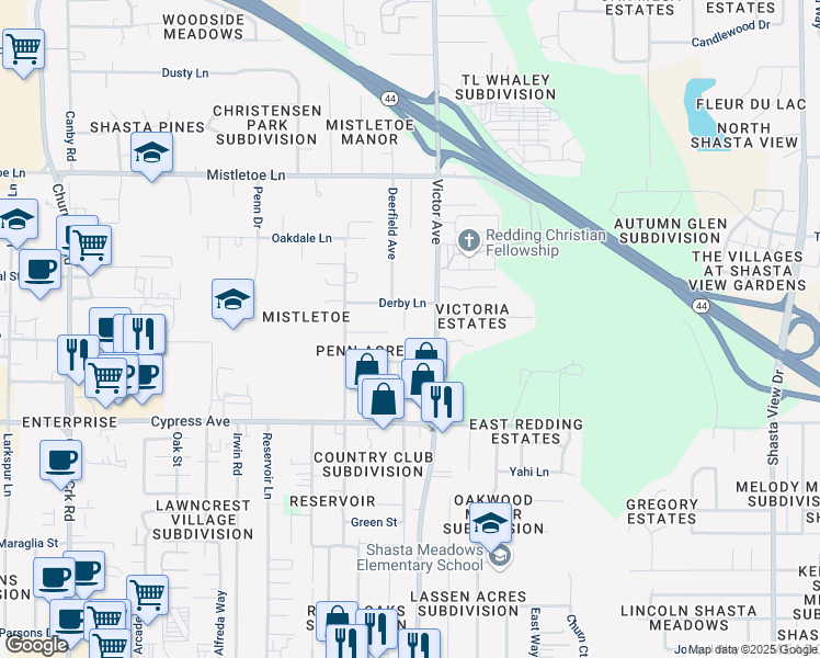 map of restaurants, bars, coffee shops, grocery stores, and more near 2325 Windy Way in Redding
