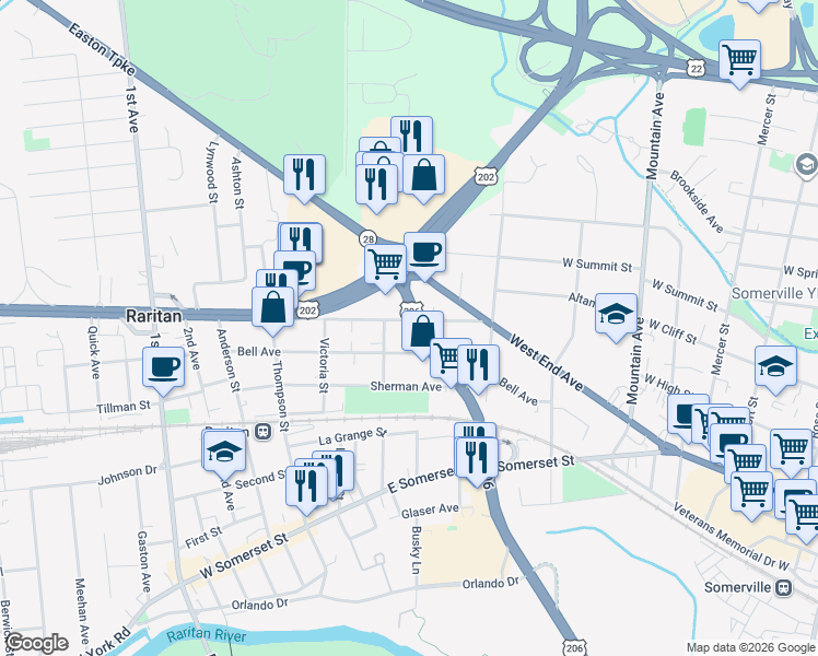 map of restaurants, bars, coffee shops, grocery stores, and more near 31 U.S. 206 in Raritan