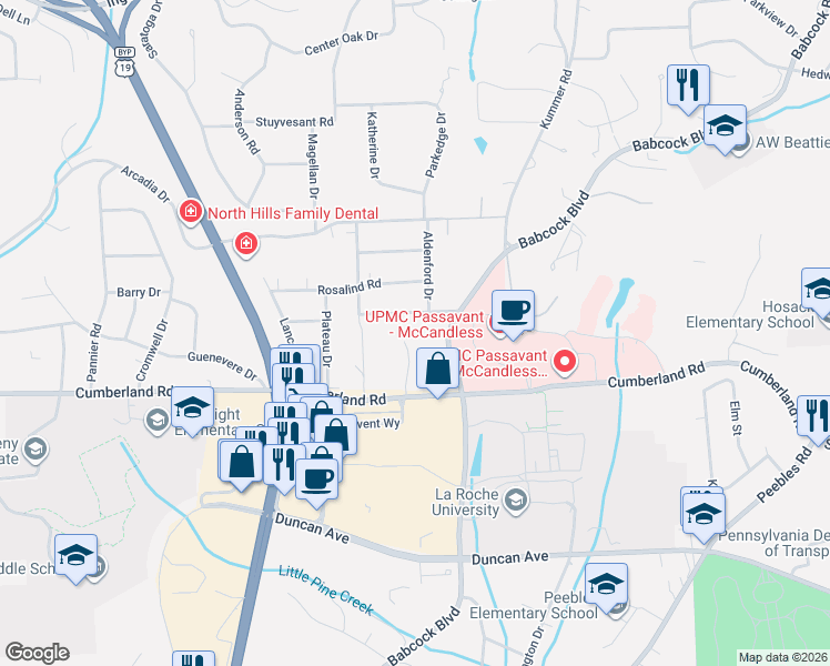 map of restaurants, bars, coffee shops, grocery stores, and more near 9173 Babcock Boulevard in McCandless