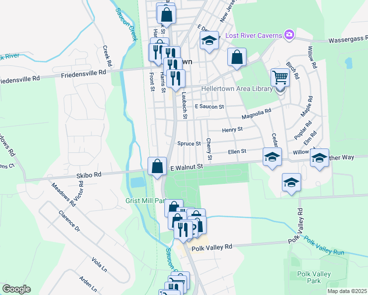 map of restaurants, bars, coffee shops, grocery stores, and more near 162 New Street in Hellertown