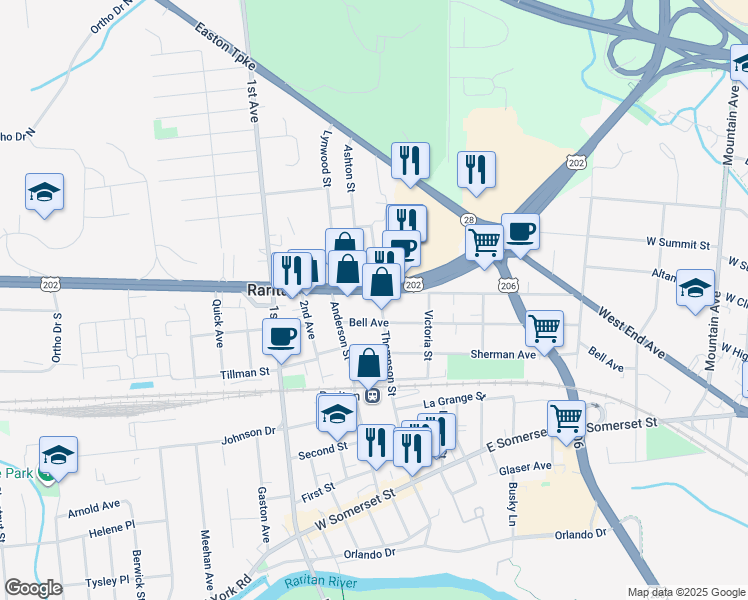 map of restaurants, bars, coffee shops, grocery stores, and more near 626 Thompson Street in Raritan