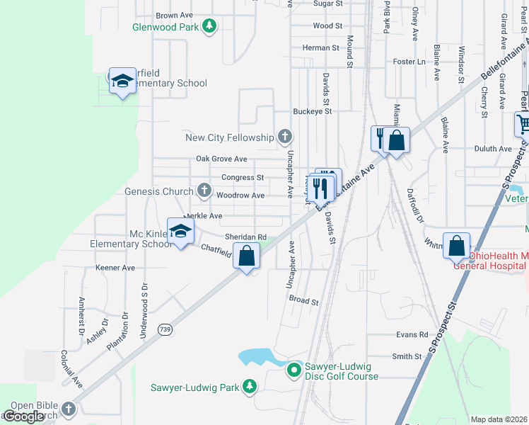 map of restaurants, bars, coffee shops, grocery stores, and more near 769 Merkle Avenue in Marion