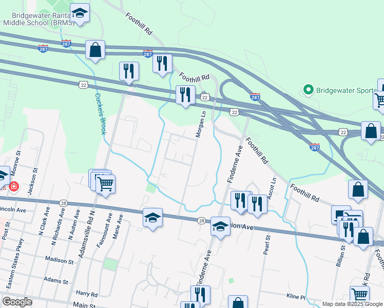 map of restaurants, bars, coffee shops, grocery stores, and more near 43 Morgan Lane in Bridgewater