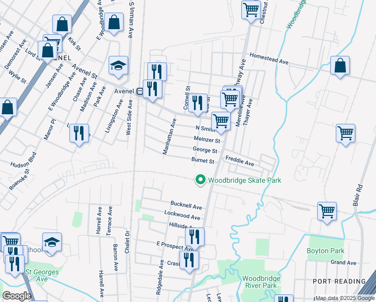 map of restaurants, bars, coffee shops, grocery stores, and more near 27 George Street in Woodbridge Township