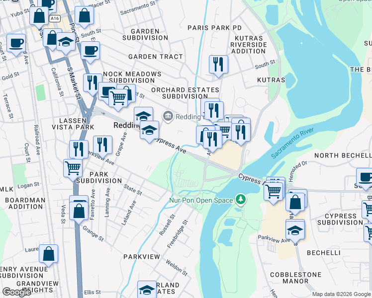 map of restaurants, bars, coffee shops, grocery stores, and more near 610 West Cypress Avenue in Redding