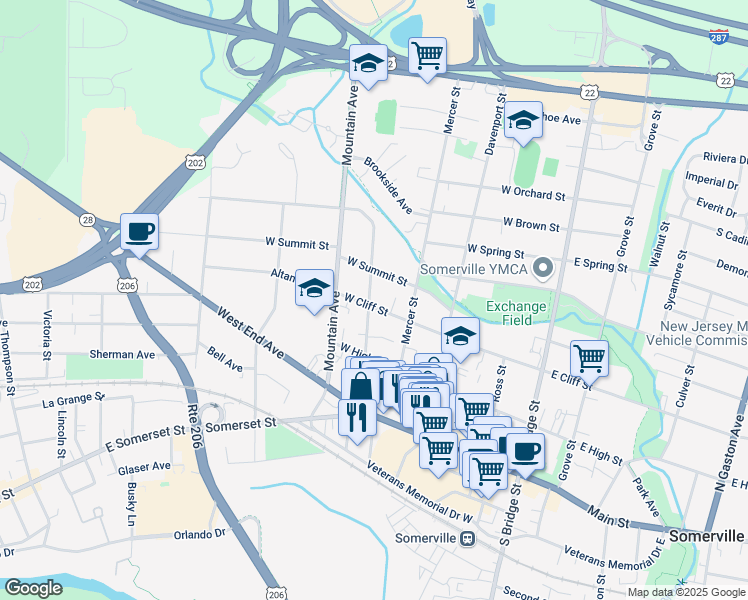 map of restaurants, bars, coffee shops, grocery stores, and more near 160 West Cliff Street in Somerville