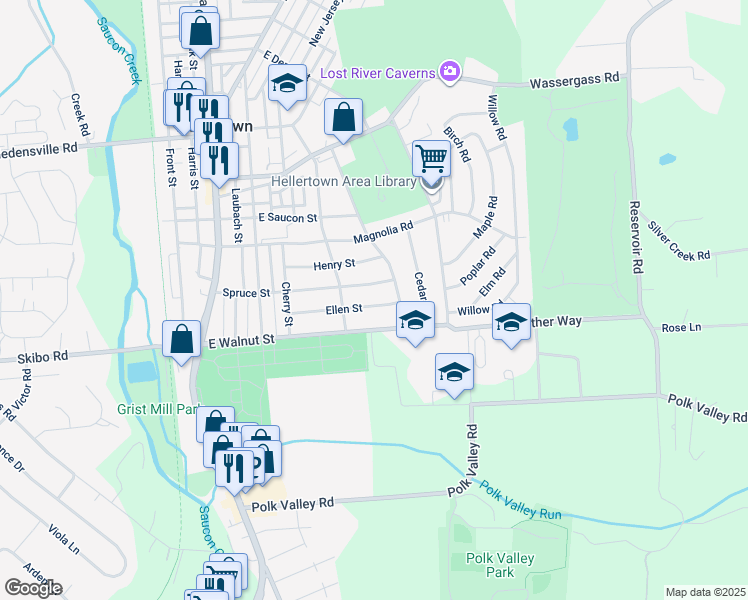 map of restaurants, bars, coffee shops, grocery stores, and more near 541 Ellen Street in Hellertown