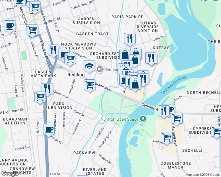 map of restaurants, bars, coffee shops, grocery stores, and more near 610 West Cypress Avenue in Redding