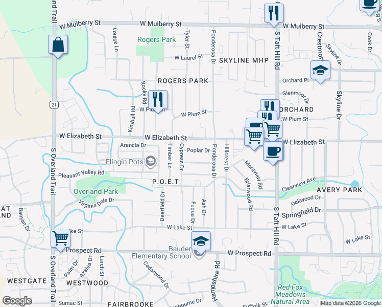 map of restaurants, bars, coffee shops, grocery stores, and more near 2436 Tamarac Drive in Fort Collins