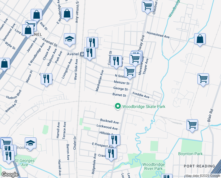 map of restaurants, bars, coffee shops, grocery stores, and more near 27 George Street in Woodbridge Township