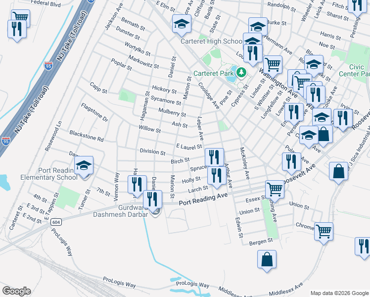 map of restaurants, bars, coffee shops, grocery stores, and more near 121 Division Street in Woodbridge Township