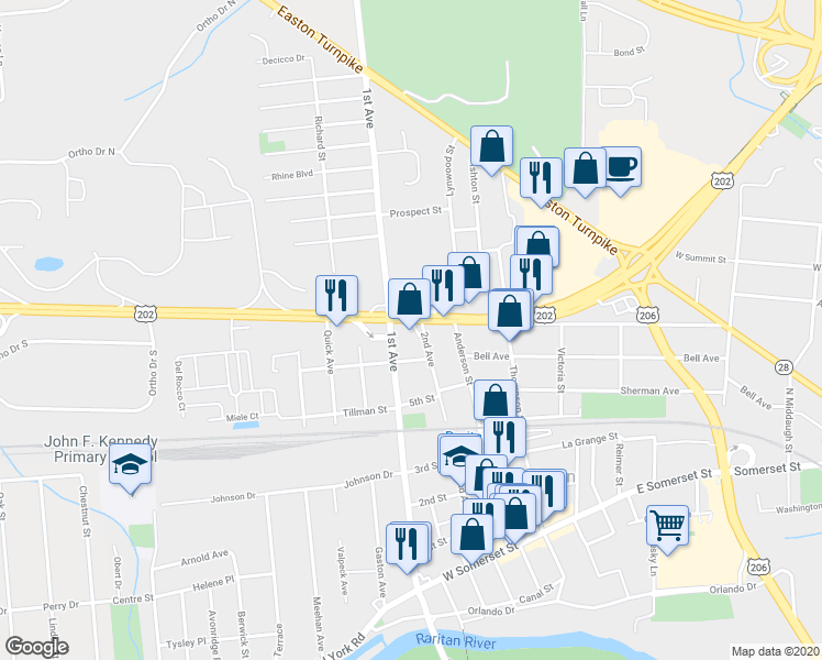 map of restaurants, bars, coffee shops, grocery stores, and more near 101 2nd Avenue in Raritan