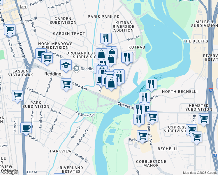 map of restaurants, bars, coffee shops, grocery stores, and more near 2463 Athens Avenue in Redding