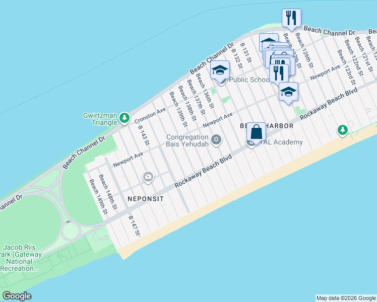 map of restaurants, bars, coffee shops, grocery stores, and more near 2-34 B 140 Street in Queens