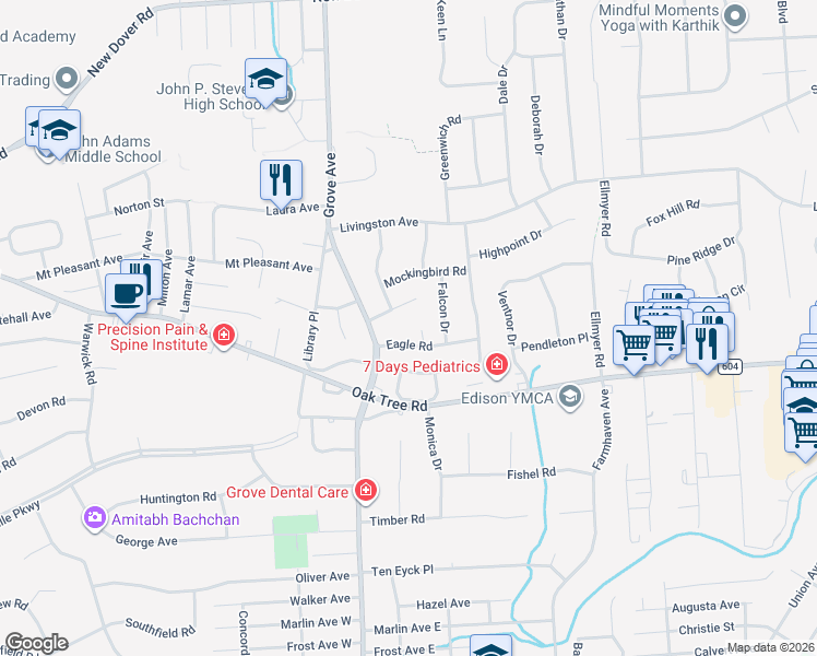 map of restaurants, bars, coffee shops, grocery stores, and more near 6 Eagle Road in Edison