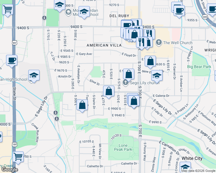 map of restaurants, bars, coffee shops, grocery stores, and more near 504 East 9765 South in Sandy
