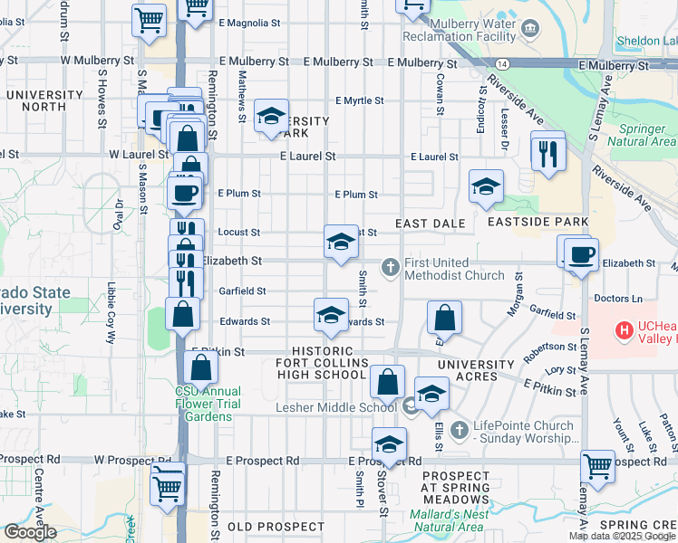 map of restaurants, bars, coffee shops, grocery stores, and more near 501 East Elizabeth Street in Fort Collins